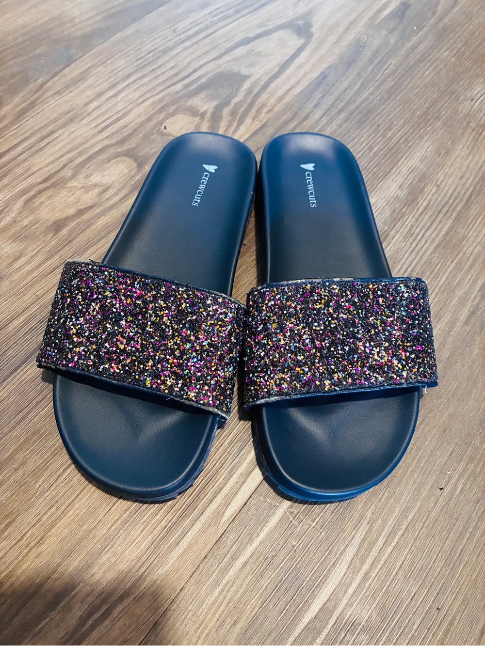 J.Crew Kids Navy Slides with Multicolor Glitter Band